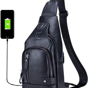 Genuine Leather Sling Bag with USB Charging Port Multi-pocket Chest Bag for Men